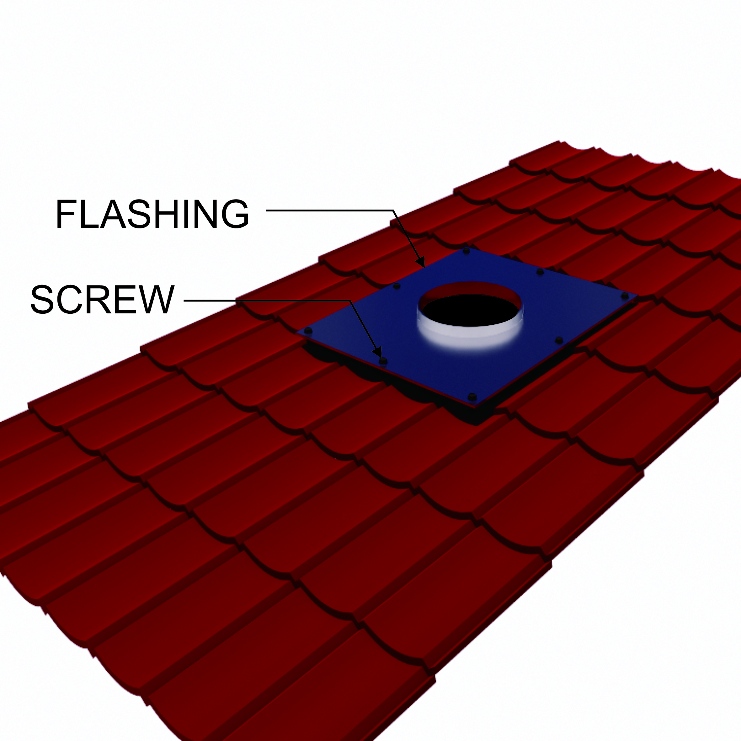 Pasang base flashing tepat di atas lubang, dengan bagian atas dudukan diselipkan ke  bawah kepingan atap agar air hujan tidak masuk. Kencangkan ke rangka atap  menggunakan sekrup roofing.
