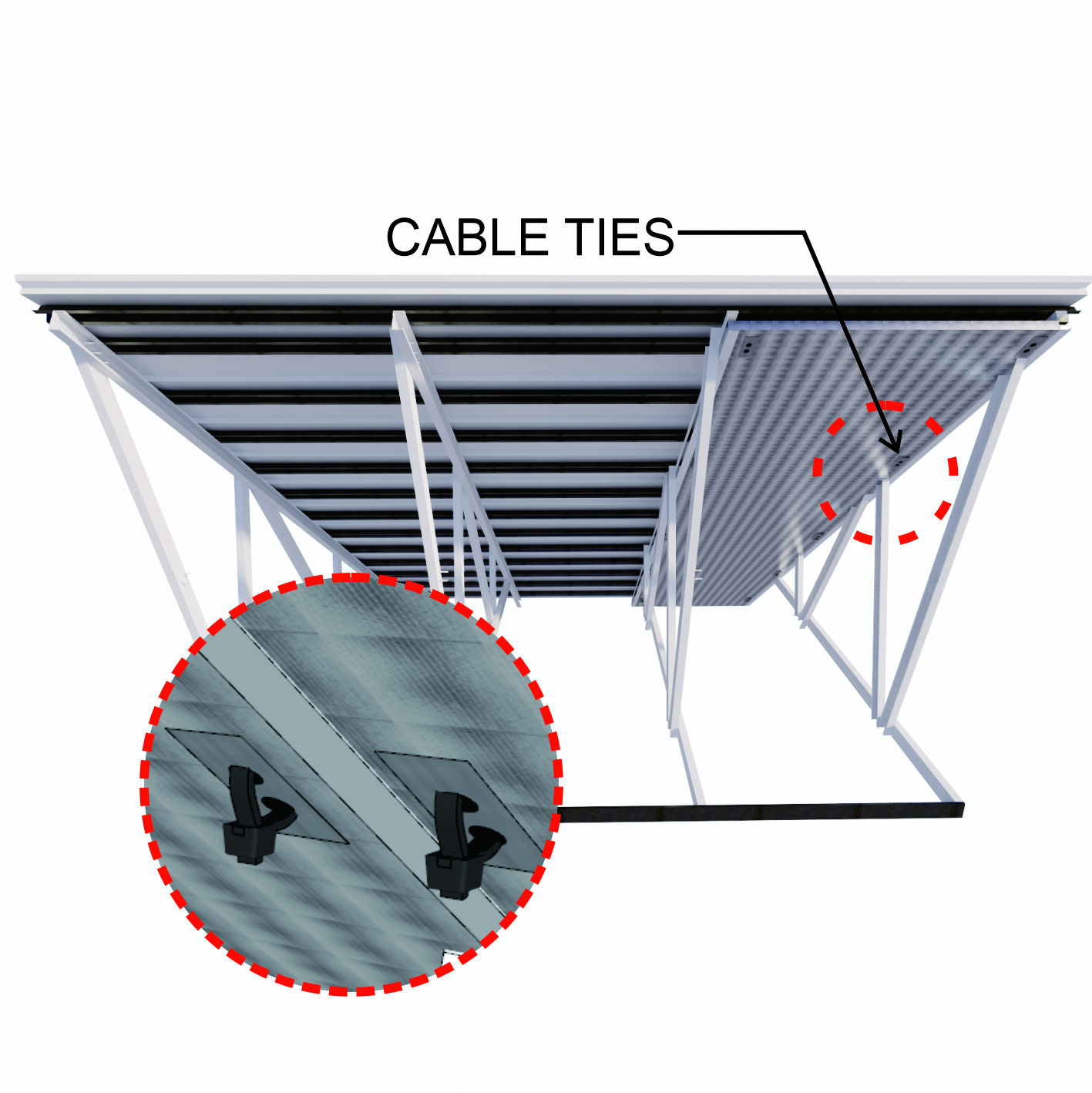 Masukkan cable ties ke dalam lubang cincin pengikat (eyelet) pada lembaran Polyshield  DIY. Kaitkan cable ties ke rangka atap, tetapi jangan langsung dikencangkan. Biarkan  agak longgar hingga seluruh sisi terpasang dengan rapi. Pasang Polyshield DIY pada  area yang telah disiapkan.