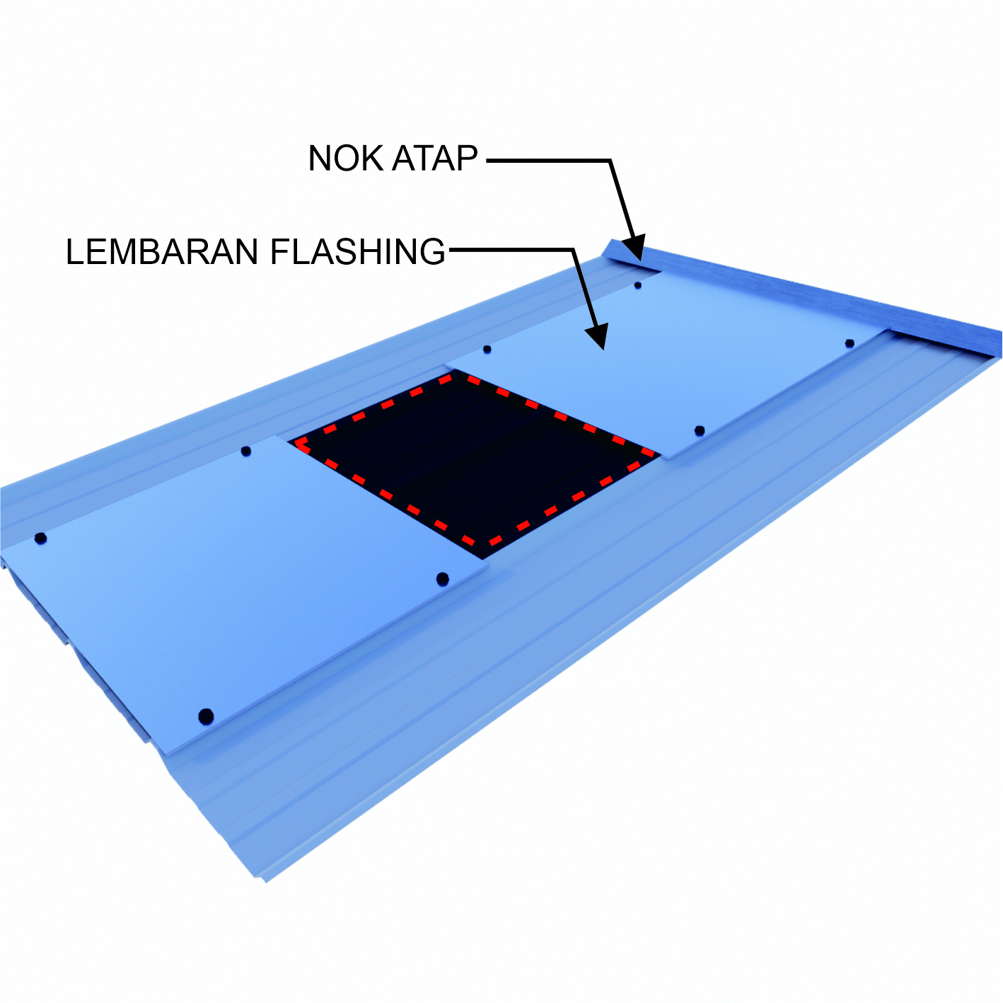 Lubangi atap mengikuti tanda penandaan menggunakan gunting. Pastikan hasil lubang rapi dan bersihkan sisa potongan untuk mencegah potensi karat.