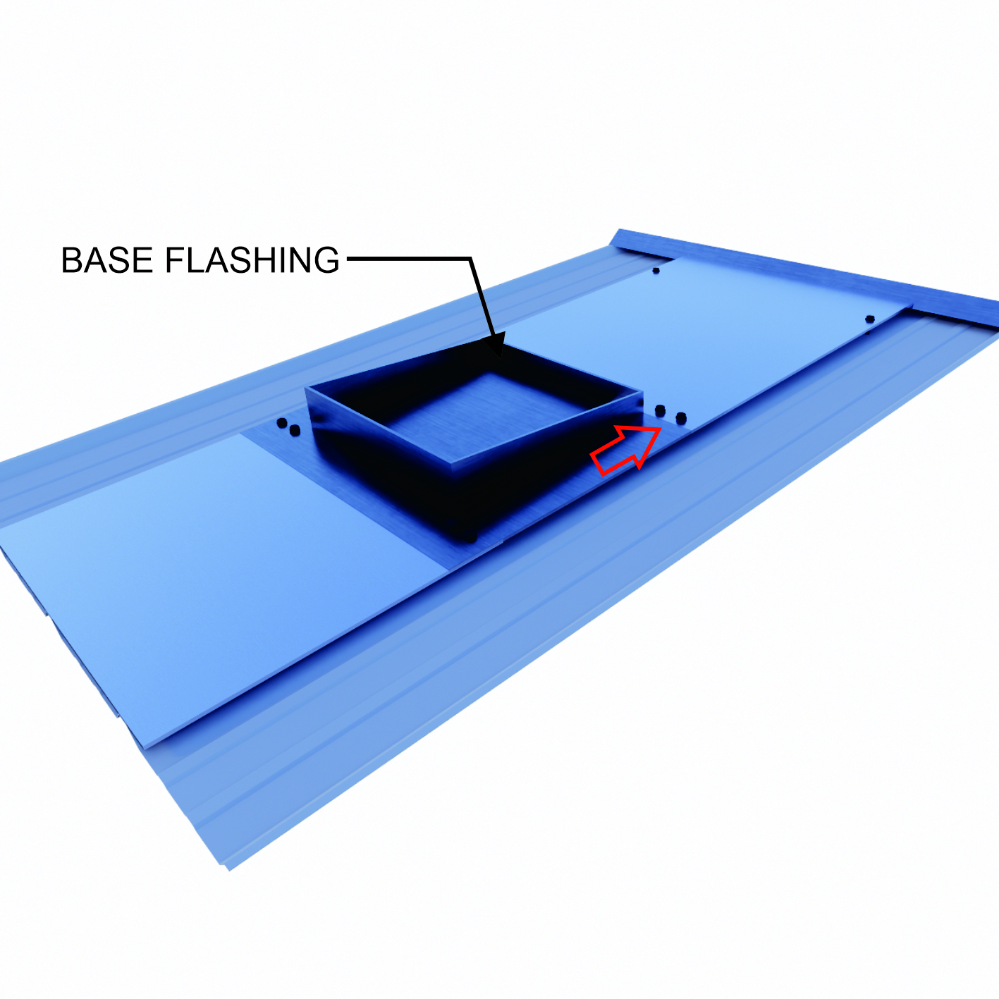 Selipkan bagian atas base flashing ke bawah lembaran flashing agar aliran air tidak masuk ke area sambungan. Kunci base flashing ke rangka atap menggunakan bor dan sekrup di sekelilingnya.​