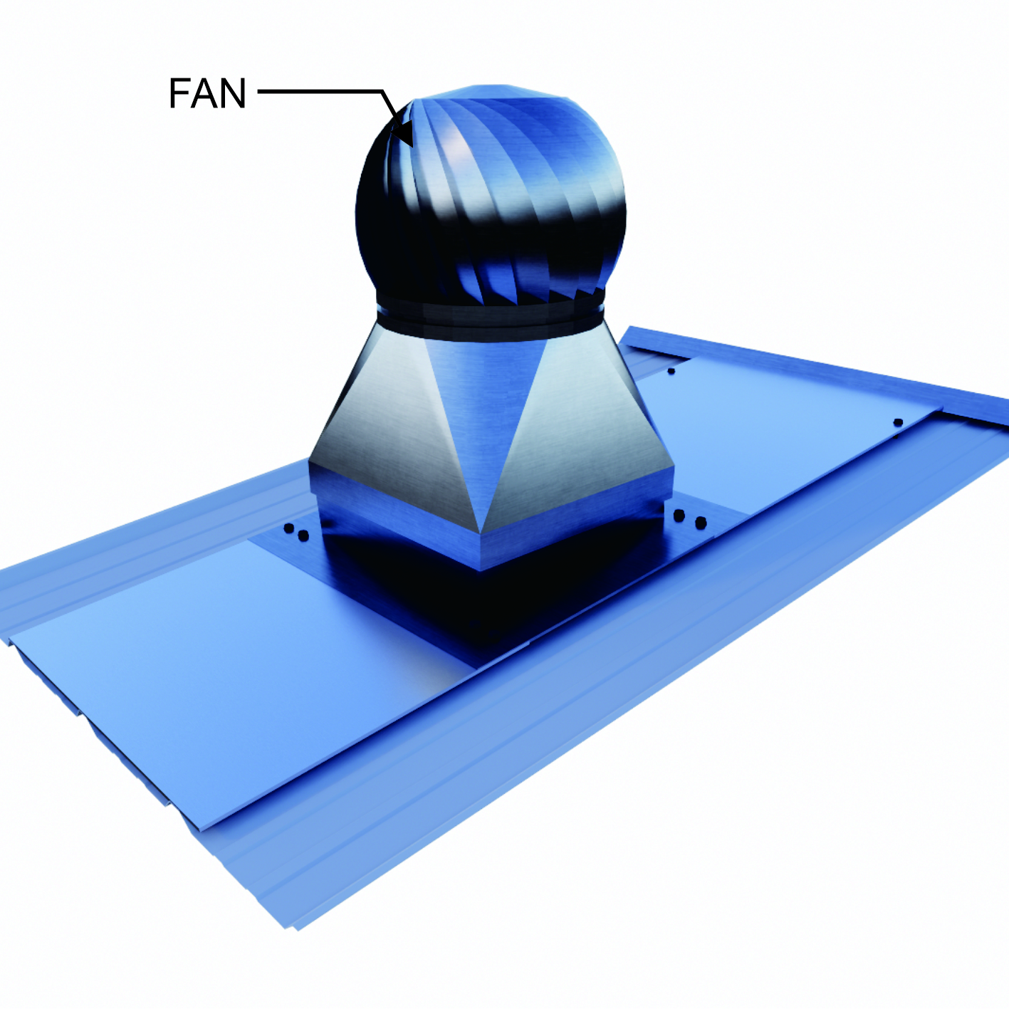 Pasang unit kipas Ozvent di atas collar, lalu kunci menggunakan sekrup. Lapisi seluruh kepala sekrup serta celah antara base flashing dan lembaran flashing dengan sealant. Pastikan tidak terdapat celah yang memungkinkan air hujan masuk.​