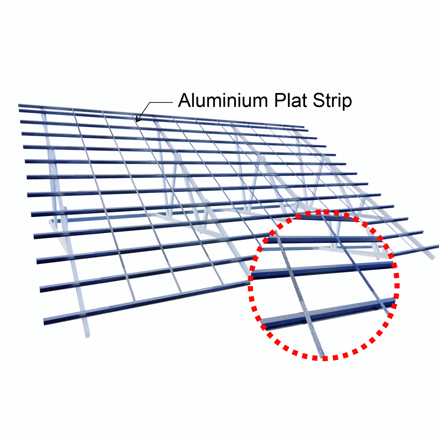 Pasang dan rentangkan plat strip aluminium (lebar 3–4 cm) secara sejajar dengan jarak antar plat strip 40 cm. Fungsi plat ini sebagai penopang agar insulasi Polynum tetap kencang (tidak melandai) dan rapi. Pastikan plat ditarik kuat sebelum dikencangkan dengan cordless drill.