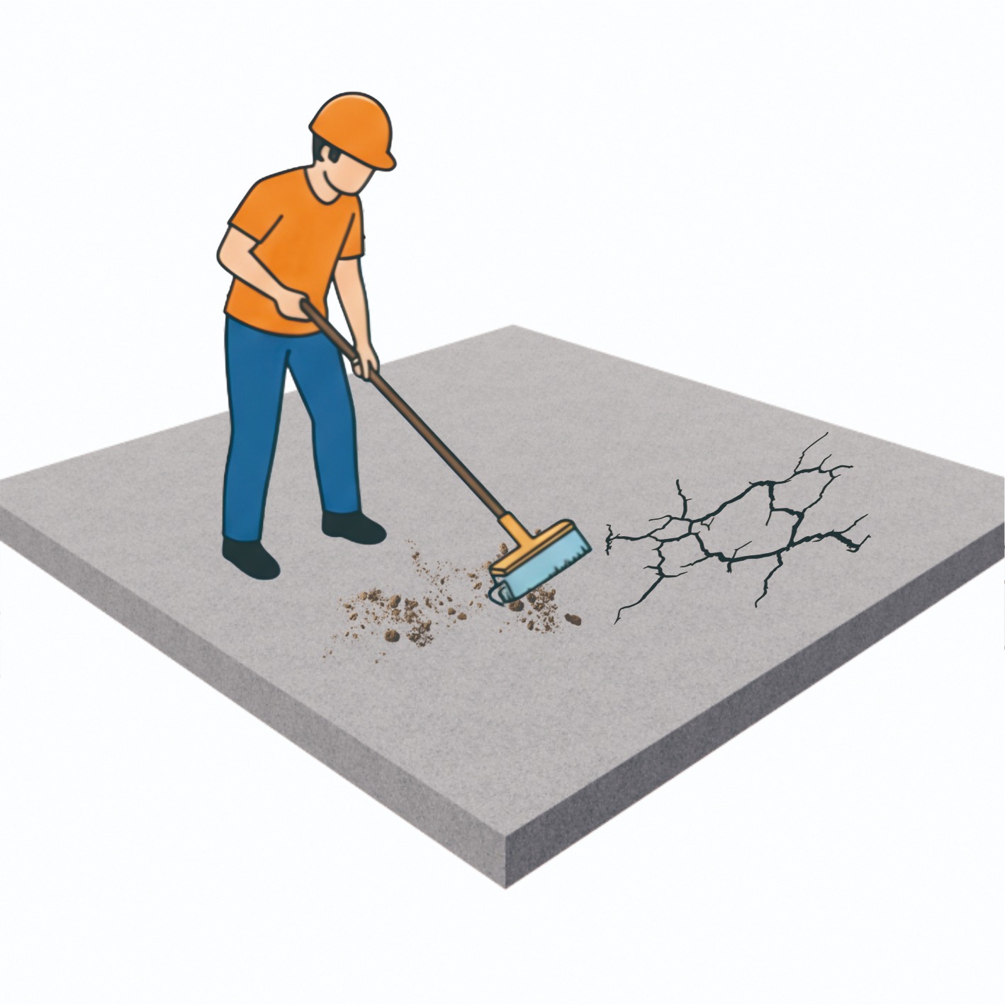 Pastikan permukaan beton bersih dari debu, minyak, lumut, serta sisa semen yang menonjol. Perbaiki retakan atau lubang menggunakan semen instan, lalu biarkan hingga kering. Sebelum aplikasi, pastikan permukaan dalam kondisi lembap tanpa genangan air (Saturated Surface Dry) agar daya rekat lebih optimal.