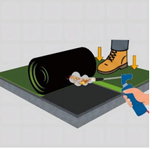 Setelah dibakar dan ditempel, tekan-tekan membran dengan menggunakan kaki atau  alat penekan agar menempel rata dan tidak ada udara yang terjebak (gelembung). 