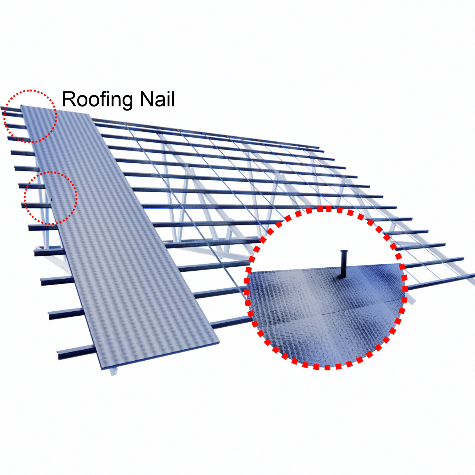 Jepit ujung lembaran pertama menggunakan sekrup atau roofing nail agar tidak bergeser selama proses pemasangan. Tarik lembaran hingga kencang agar tidak melengkung, kemudian kunci bagian tengah lembaran menggunakan sekrup atau roofing nail.