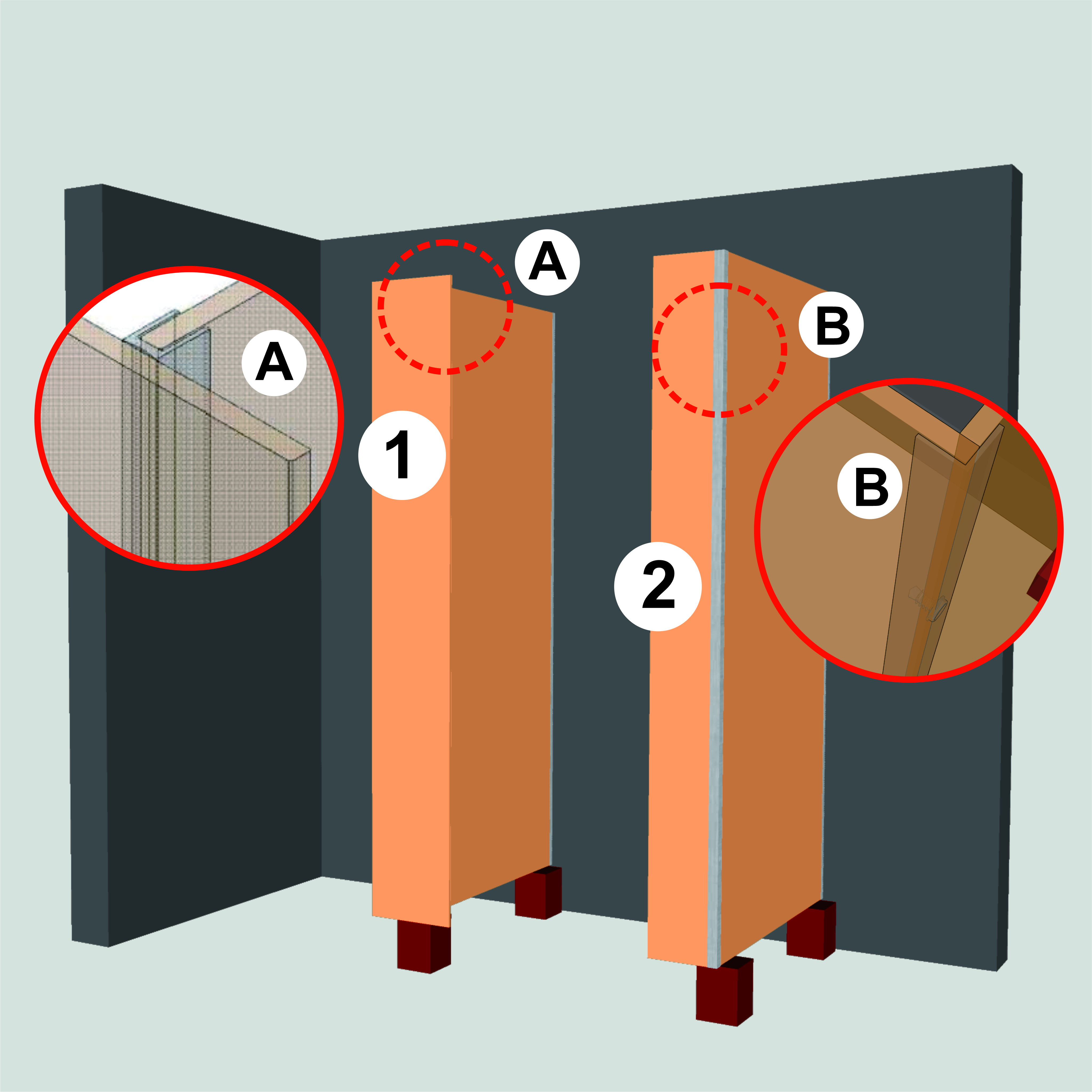 1. Pasang aluminium U-channel pada bagian belakang pilaster tengah dan kunci menggunakan sekrup, kemudian rangkai dengan panel divider. 