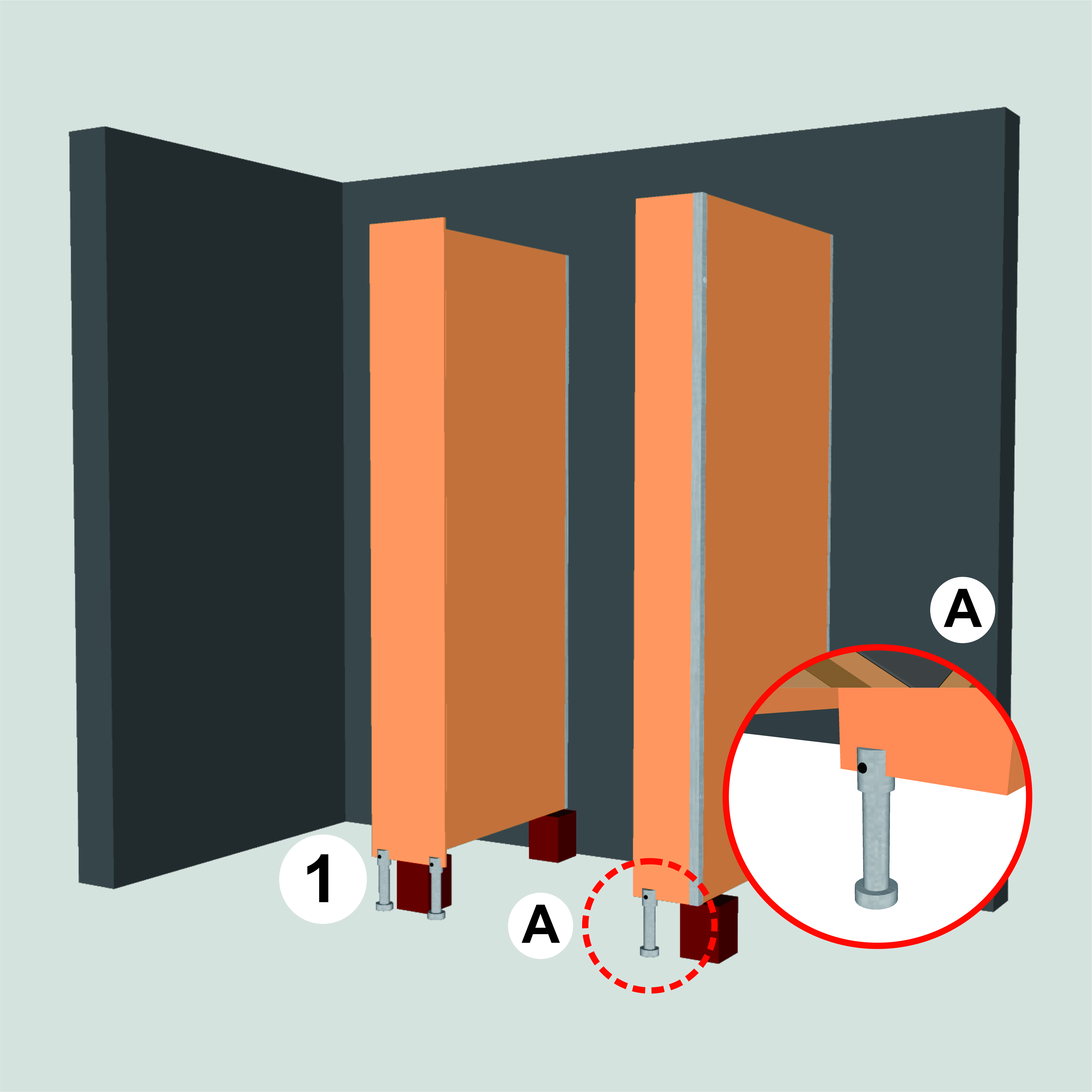 1. Pasang kaki atau pedestal pada panel pilaster. Setelah posisi dan ketinggian sesuai, lepaskan penyangga pada panel divider secara perlahan. Pedestal belum dikunci agar memungkinkan untuk penyetelan ulang posisi dan ketinggian (A).