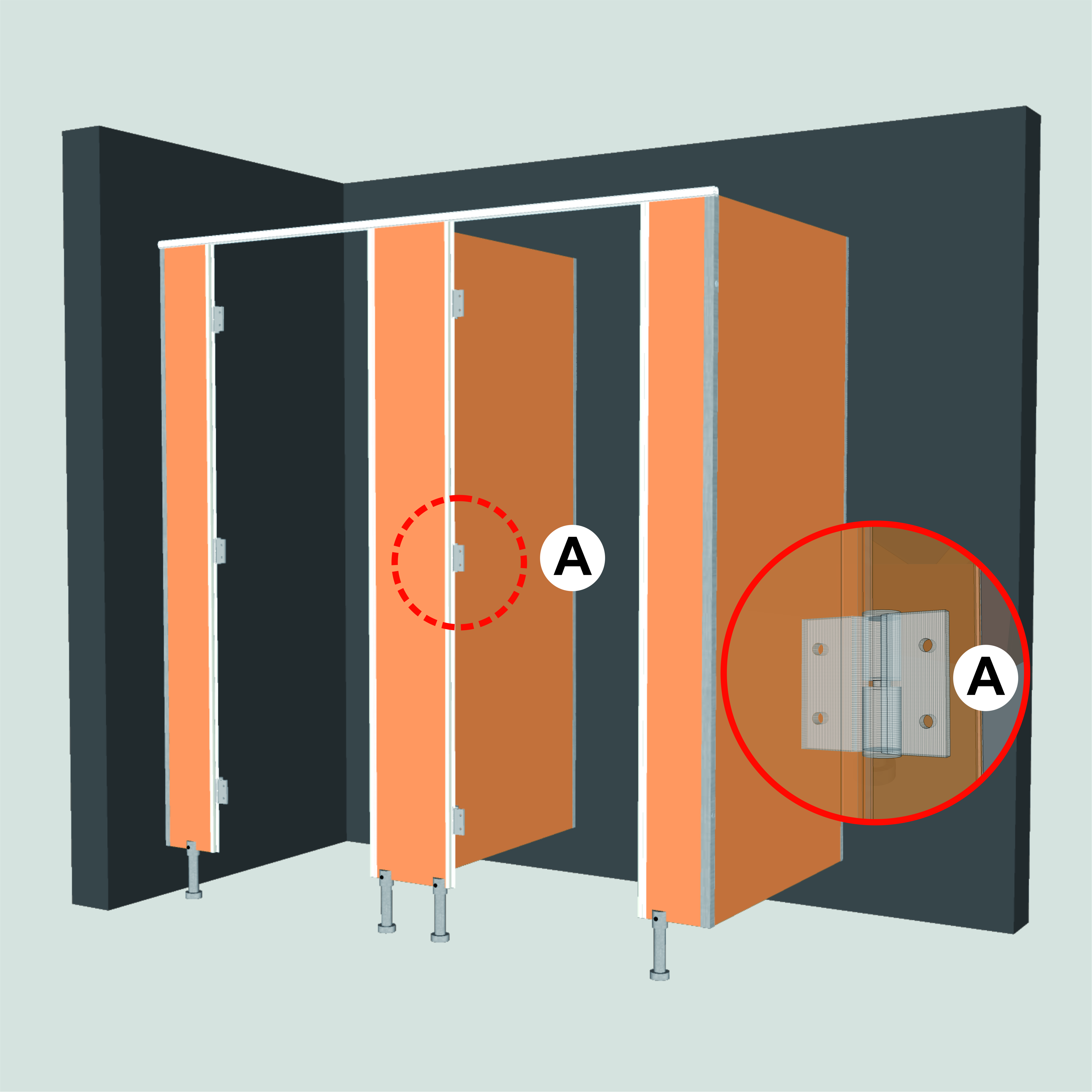 A. Pasang engsel pintu pada panel pilaster, kemudian kencangkan menggunakan sekrup.​