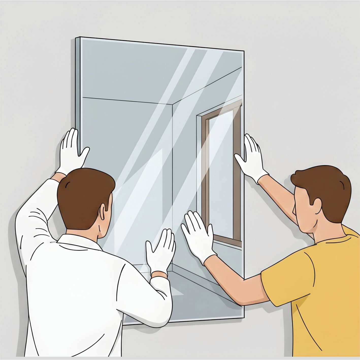 Posisikan cermin atau material yang ingin direkatkan dengan tepat, lalu tekan perlahan di seluruh permukaan agar menempel sempurna. 