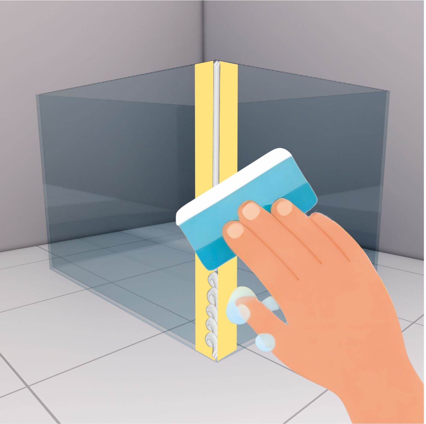 Ratakan sealant menggunakan jari atau alat perata dengan satu tarikan halus untuk menekan Viscous ke dalam celah sekaligus merapikan permukaan.​